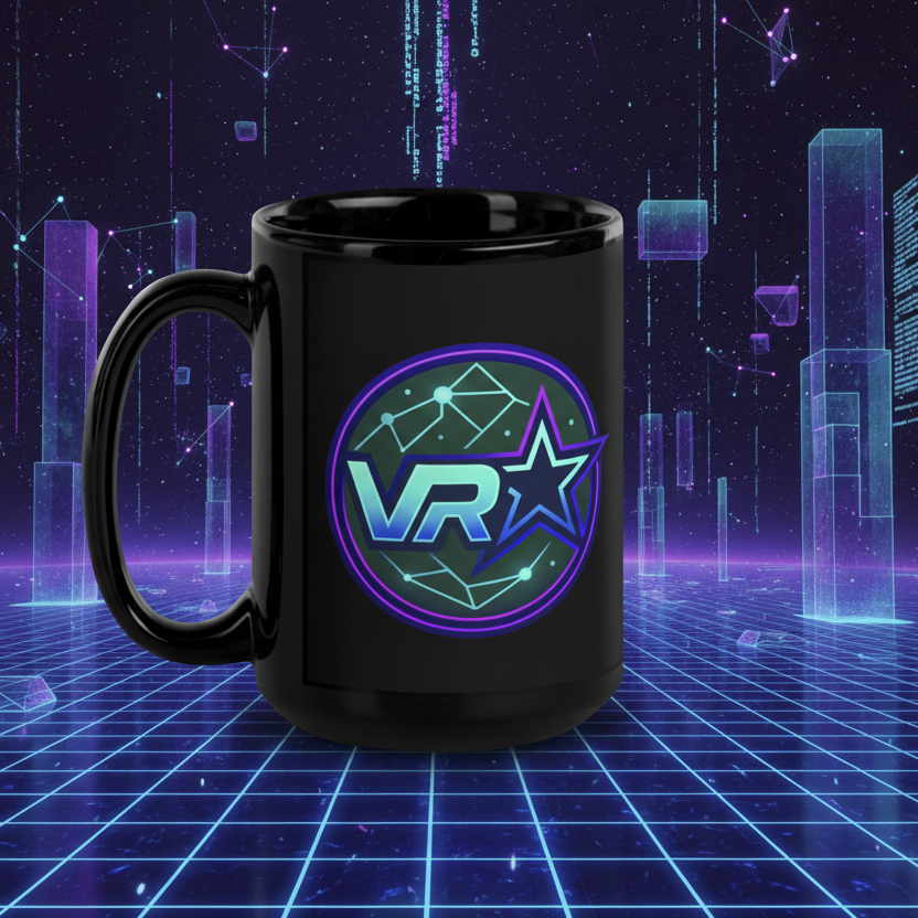 Black mug with VR logo on a transparent background