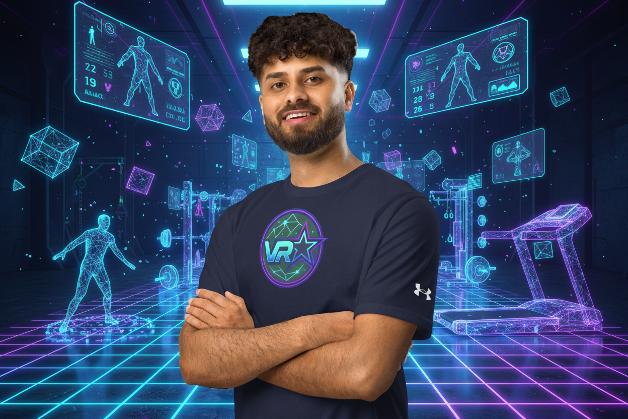 Man wearing a navy blue t-shirt with a VR logo on a white background