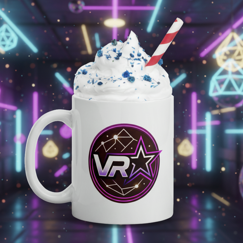 Mug with whipped cream, blue sprinkles, and a red and white straw, featuring a VR logo.