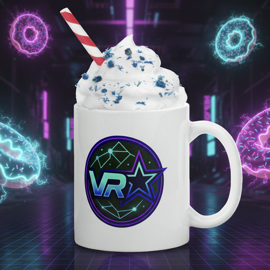 White mug with VR logo, whipped cream, and a straw on a white background